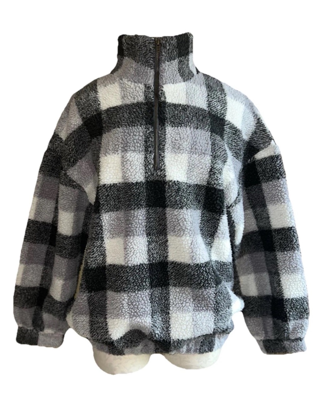 Andree by Unit Plaid Sherpa Quarter Zip Fleece Pullover Sweater Gray Small EUC